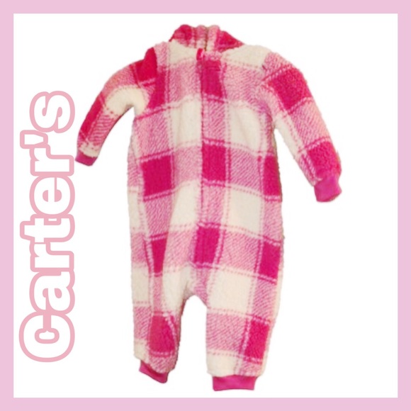 Carters Pink White Soft Plaid Sherpa Hooded Jumpsuit, snuggly bear ears 6mo NWT - Picture 3 of 12